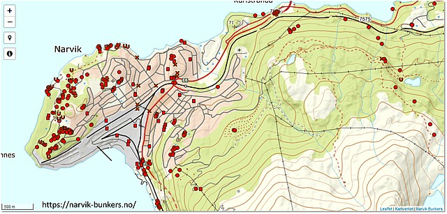 Map of WW2 defense positions in Narvik.